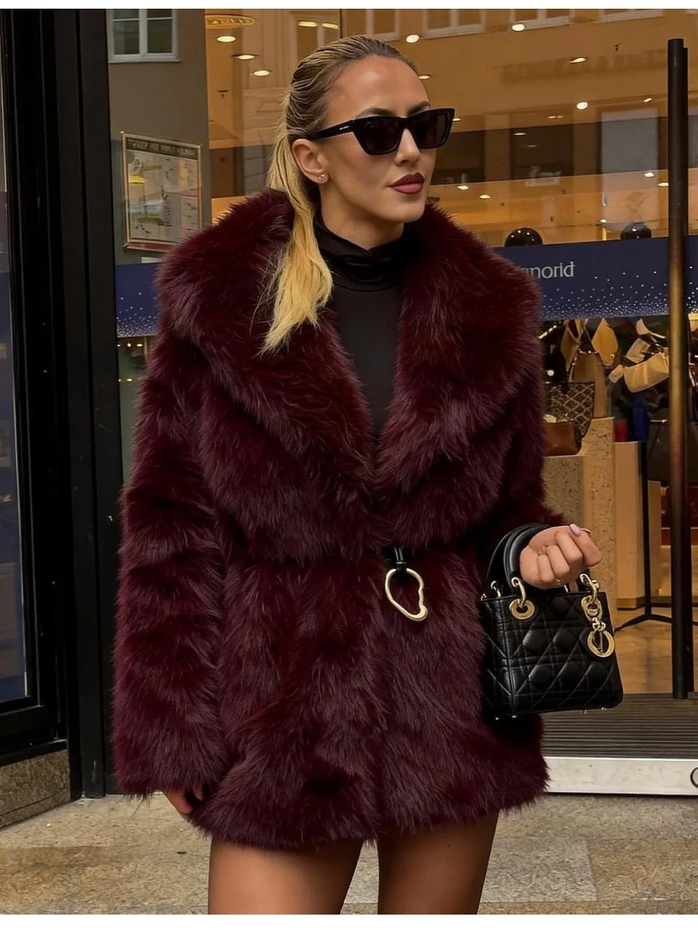 Women's Faux Fur Coat - Burgundy Plush belted Jacket